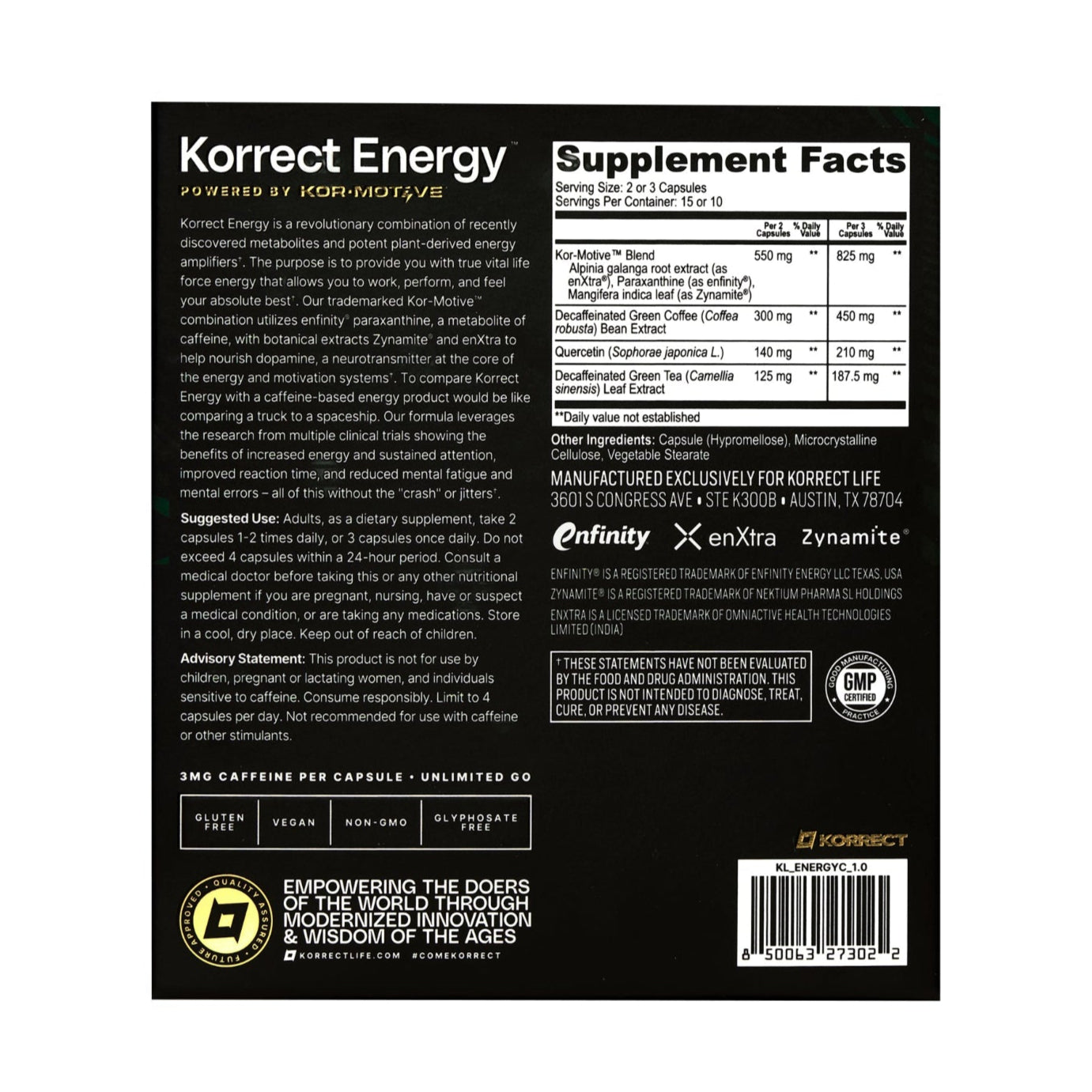 Supplement label for Korrect Energy on a white background