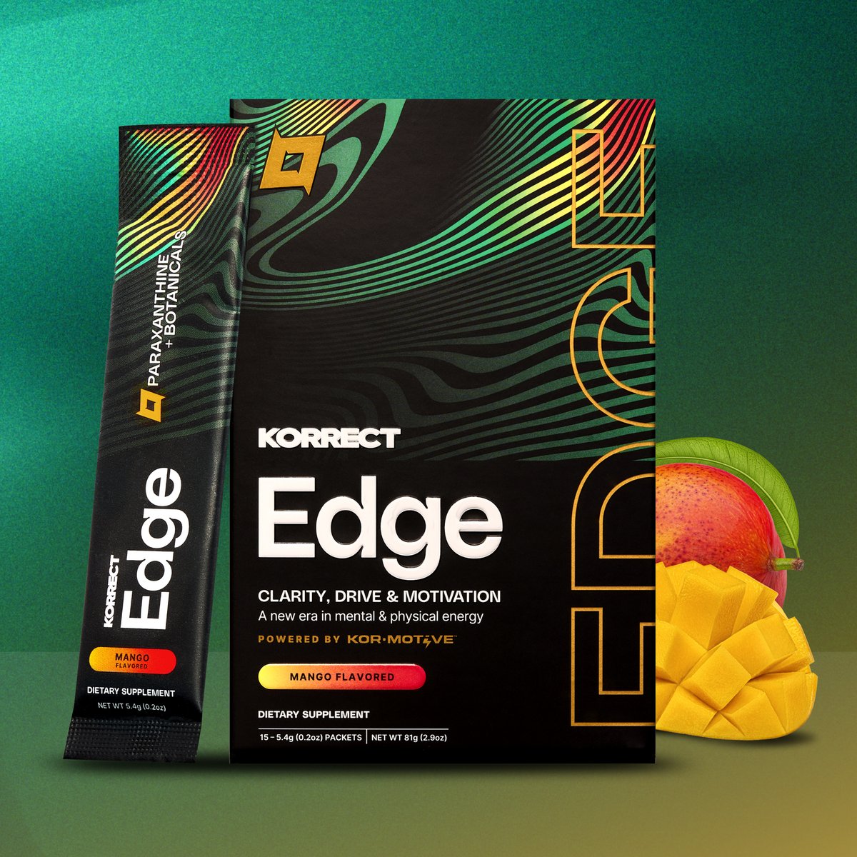 Korrect Edge Instant box and stick packet next to a cut mango