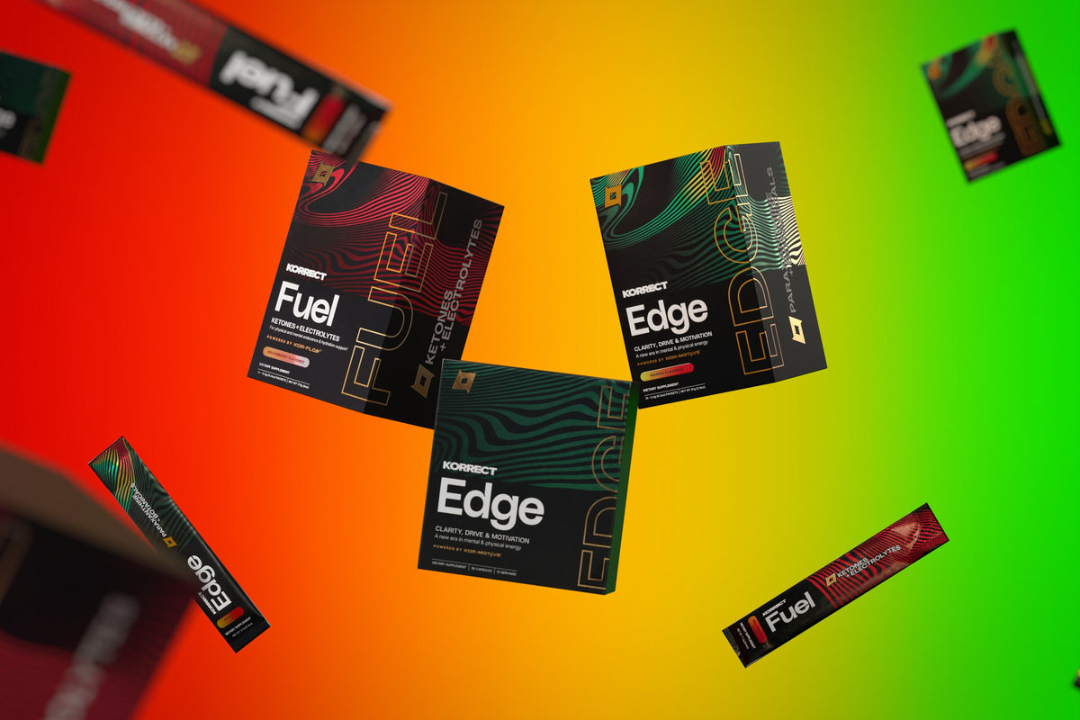 Boxes of Korrect Fuel, Edge Instant and Edge Capsules with stick packs floating over a red to green gradient