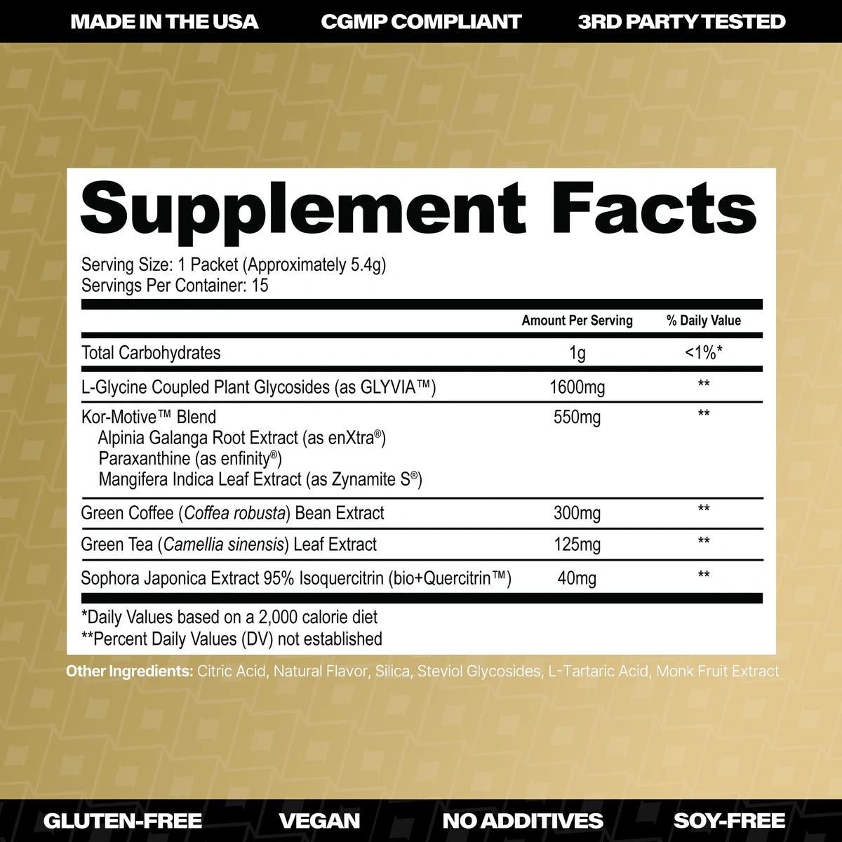 Korrect Edge Instant Supplement Facts panel, 1 packet per serving